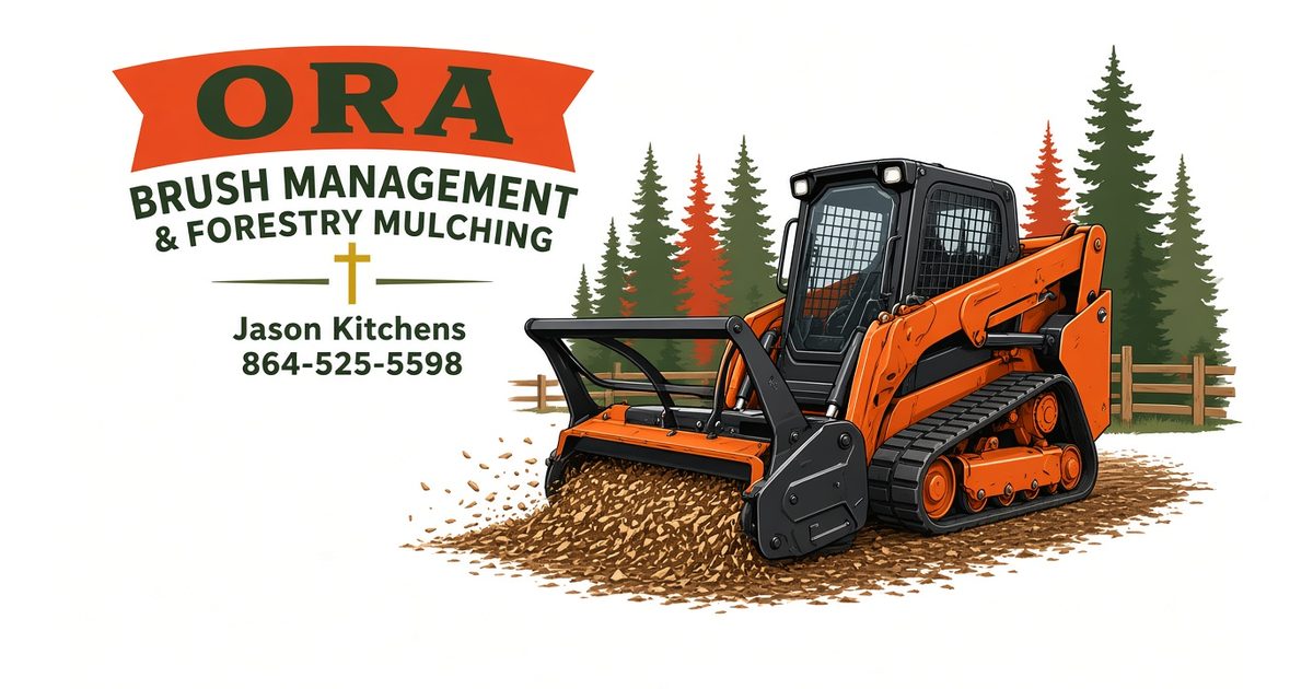 ORA Brush Management logo: an orange track loader with a forestry mulching head